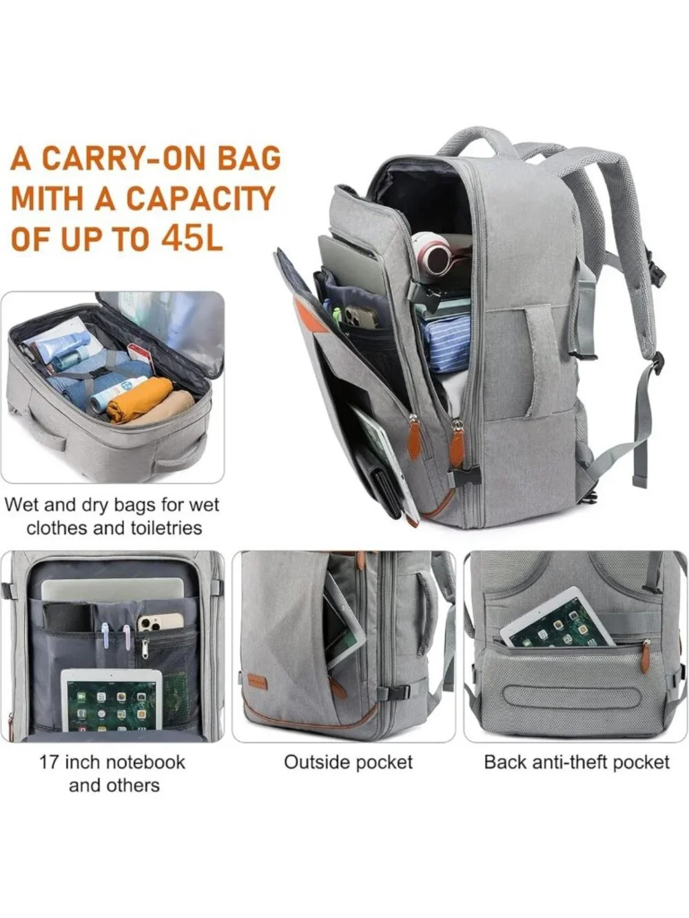 Extra Large 45L Travel Backpack for Men & Women, Airline Approved, Water